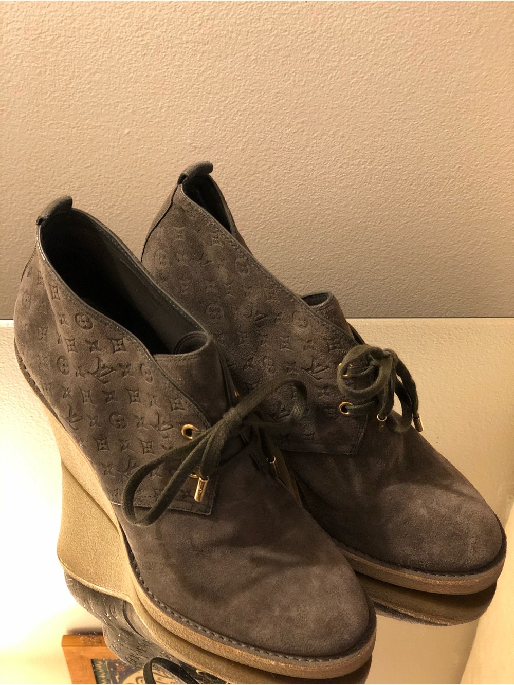 Louis Vuitton Taupe Suede Monogram Lace-Up Wedge Booties
